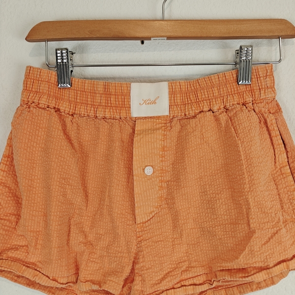 Kith Orange Seersucker Elastic Waist Shorts XS Logo Cotton Summer Streetwear - Picture 5 of 11